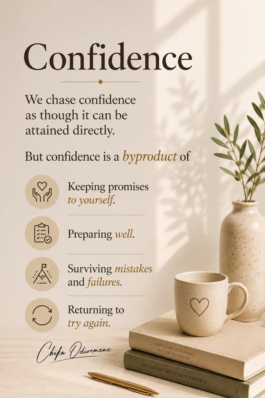Confidence is a byproduct of keeping promises to yourself, preparing well, surviving mistakes and returning to try again.